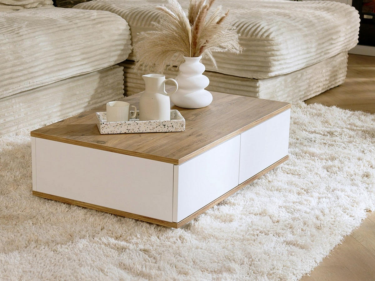 COUCHTISCH mit 2 Türen - Holzfarben & Weiß - LOTULA - Naturfarben, Holz (90/60/28.6cm) - Vente-Unique