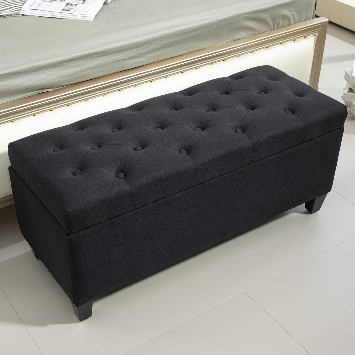 LUXUS Sitzbank Polsterbank mit Stauraum Armlehnen Polyester Holz Schwarz - Schwarz, Holz/Kunststoff (40/44/100cm) - HOMCOM