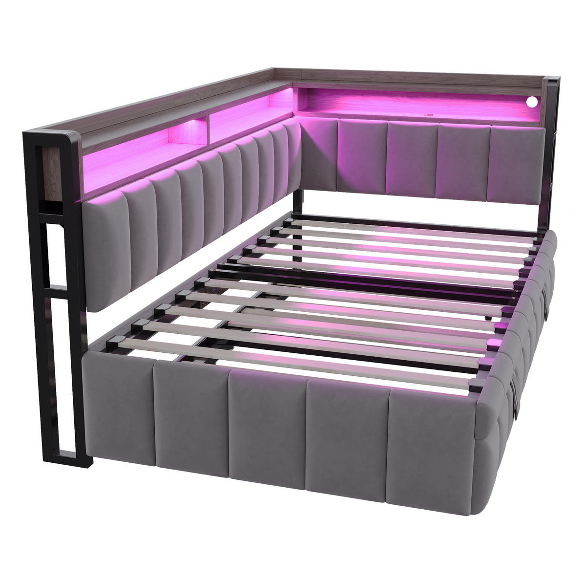 POLSTERBETT Schlafsofa aus Samt 90x200 cm Grau mit Ausziehbett, LED-Beleuchtung, USB- und Typ-C-Anschlüssen - Grau, Textil (90/200cm) - Modfu