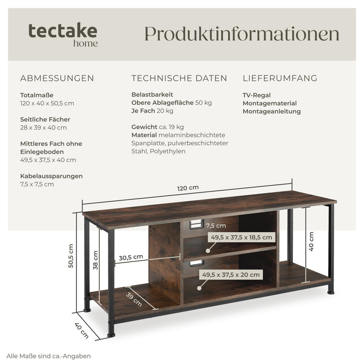 TV-REGAL Denver,120 x 40 x 50,5 cm,Industrial Holz dunkel, rustikal - Rostfarben, Holzwerkstoff (40/50.5/120cm) - tectake