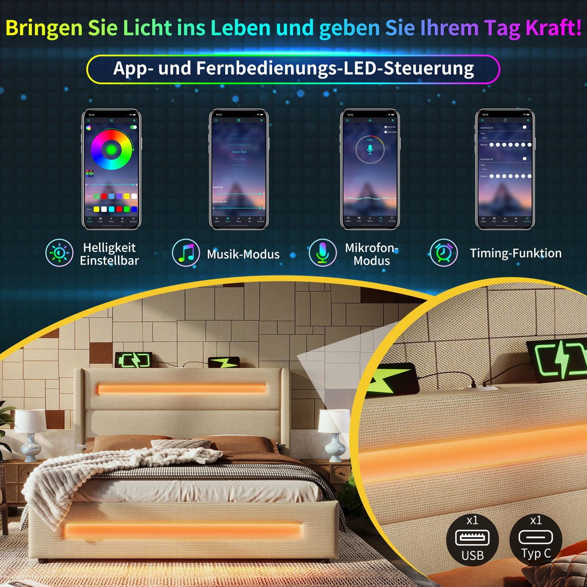 POLSTER DOPPELBETT 140x200cm Jugendbett mit LED USB-C & Hydraulik Beige - Beige, Holz (140/200cm) - FLIEKS