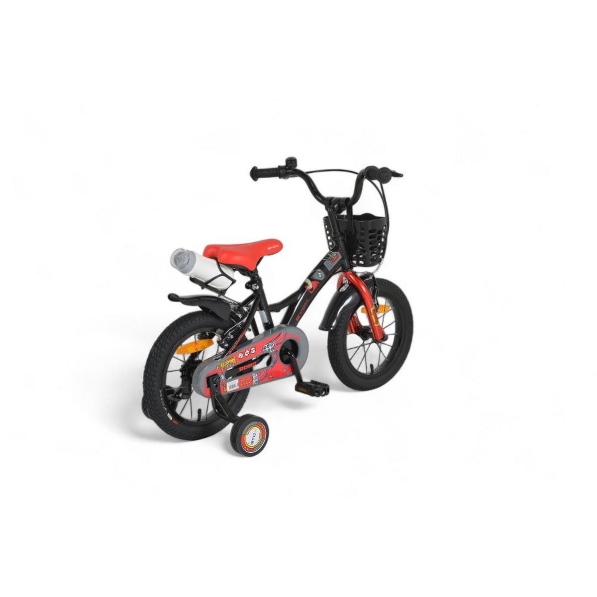KINDERFAHRRAD Robo 14 Zoll schwarz Stützräder, Frontkorb, Getränkehalter, Klingel - Schwarz, Metall (65cm)