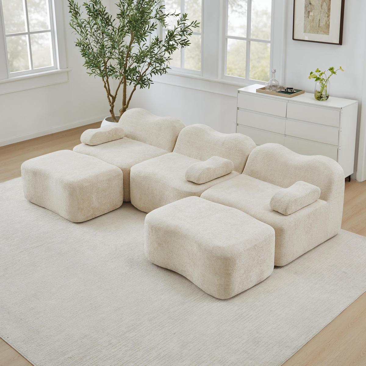WOHNLANDSCHAFT Samt Beige mit 2 Hocker - Beige, Textil (288/70/167cm) - WISHDOR