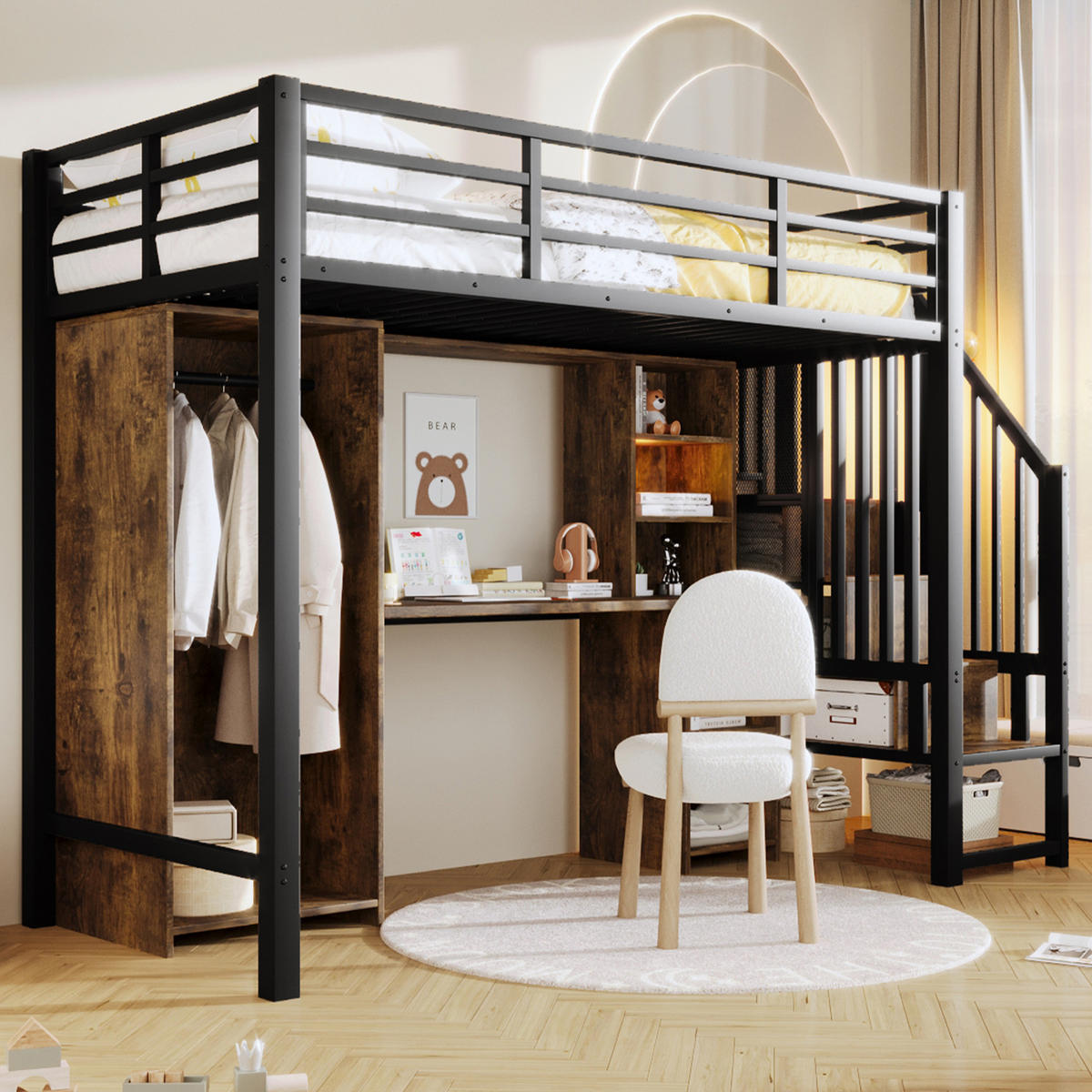 HOCHBETT 90/200 cm Schwarz aus Metall mit Stauraum und Schreibtisch - Schwarz, Metall (90/200cm) - OKMYHOME