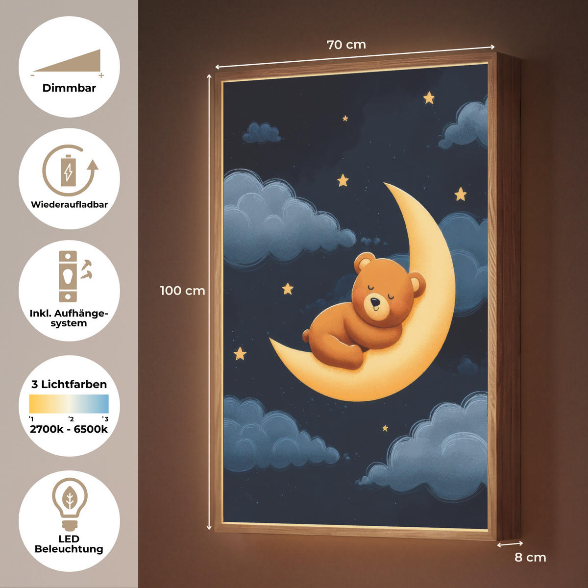 NACHTTISCHLAMPE MIT AKKU Teddybär - Mond - Wolken - Sterne 70x100 cm - Dunkelblau, Holzwerkstoff (8/70/100cm) - OnlyWow