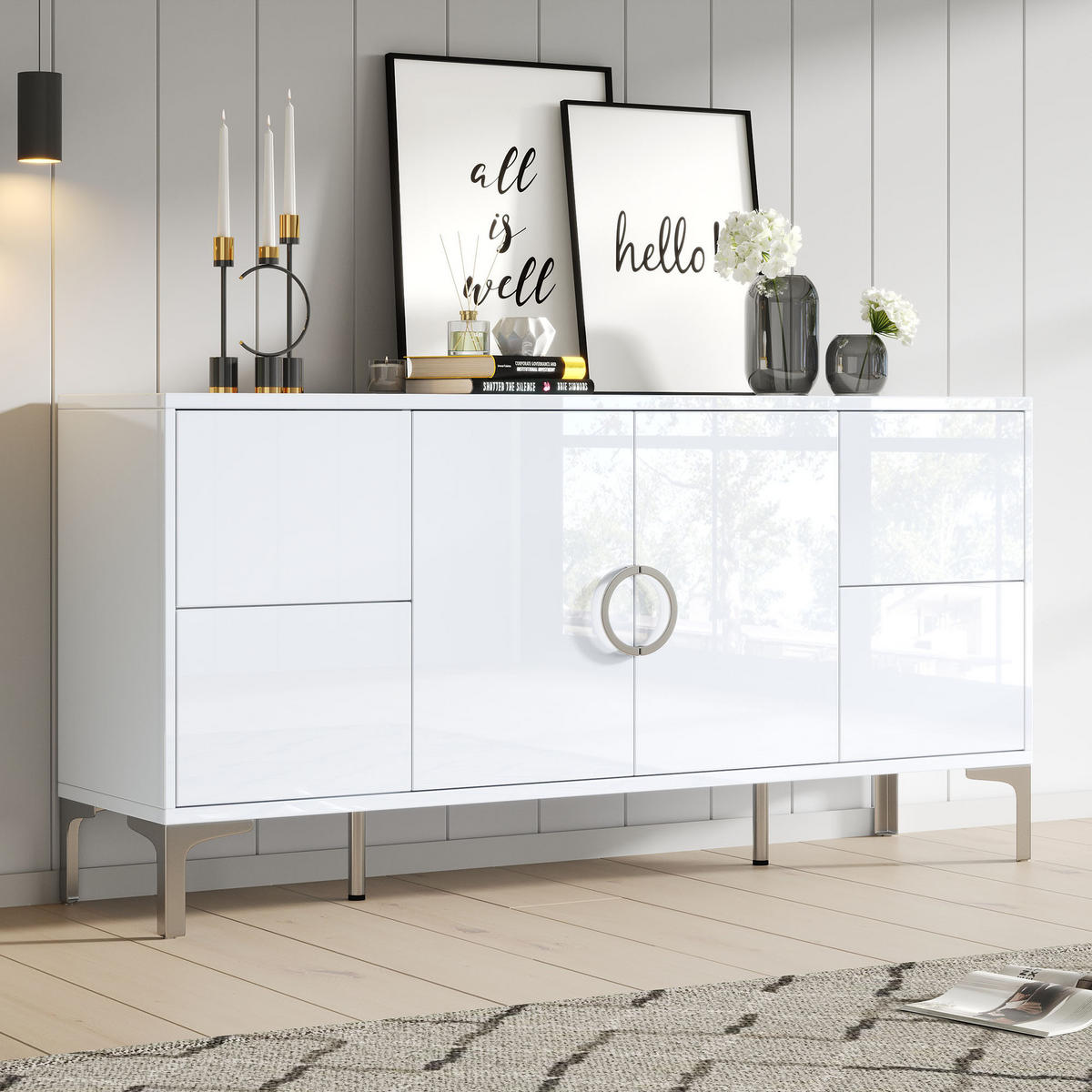 SIDEBOARD 150/38/59,5 cm Weiß aus MDF mit 4 Schubladen - Weiß, Holzwerkstoff (150/59.5/38cm) - OKWISH