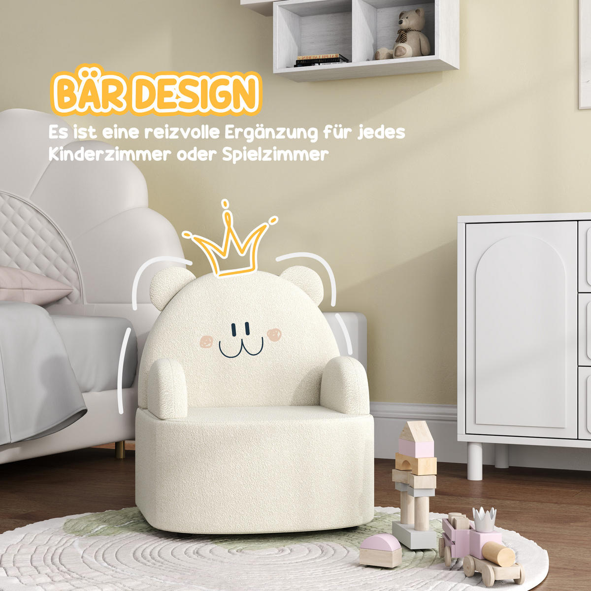 KINDERSESSEL Kindersofa mit weicher Teddyfleece Bärenform für Kinder ab 1,5Jahre - Beige/Schwarz, Holz/Kunststoff (48/59/52cm) - AIYAPLAY