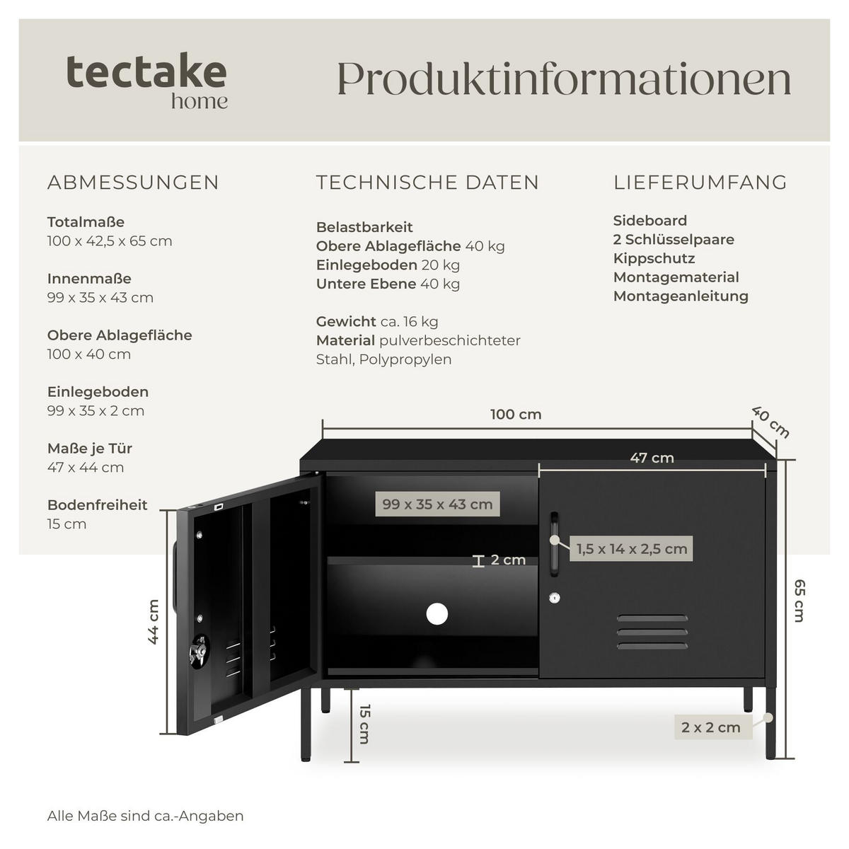 SIDEBOARD Baker, Kippschutz, höhenverstellbare Füße, schwarz - Schwarz, Metall (100/65/42.5cm) - tectake