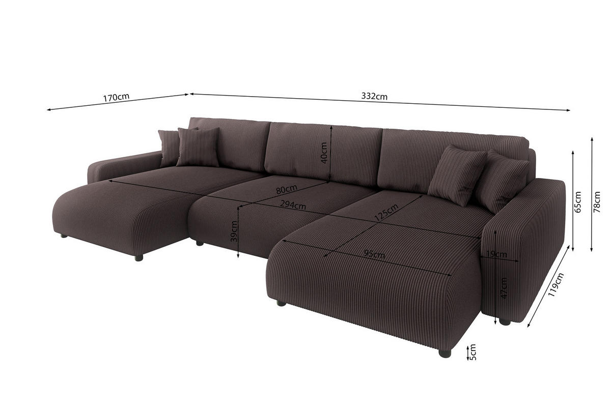 WOHNLANDSCHAFT Emma Dunkelbraun Cord - Dunkelbraun/Schwarz, Holz/Kunststoff (332/170cm) - S-Style Möbel