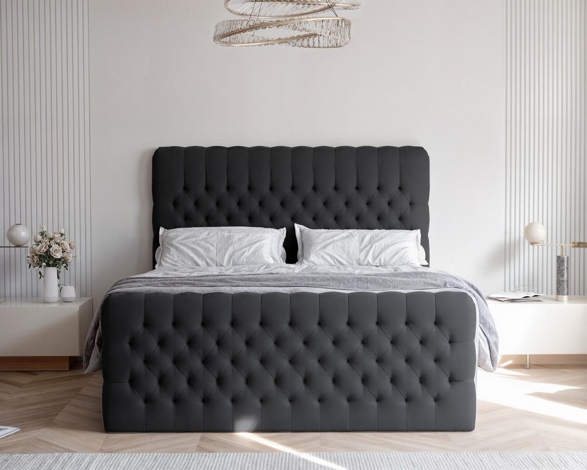 BOXBETT ALBA PLUS 140/200 cm mit Matratze und Topper, Schwarz - Schwarz, Textil (140/200cm) - Idohome