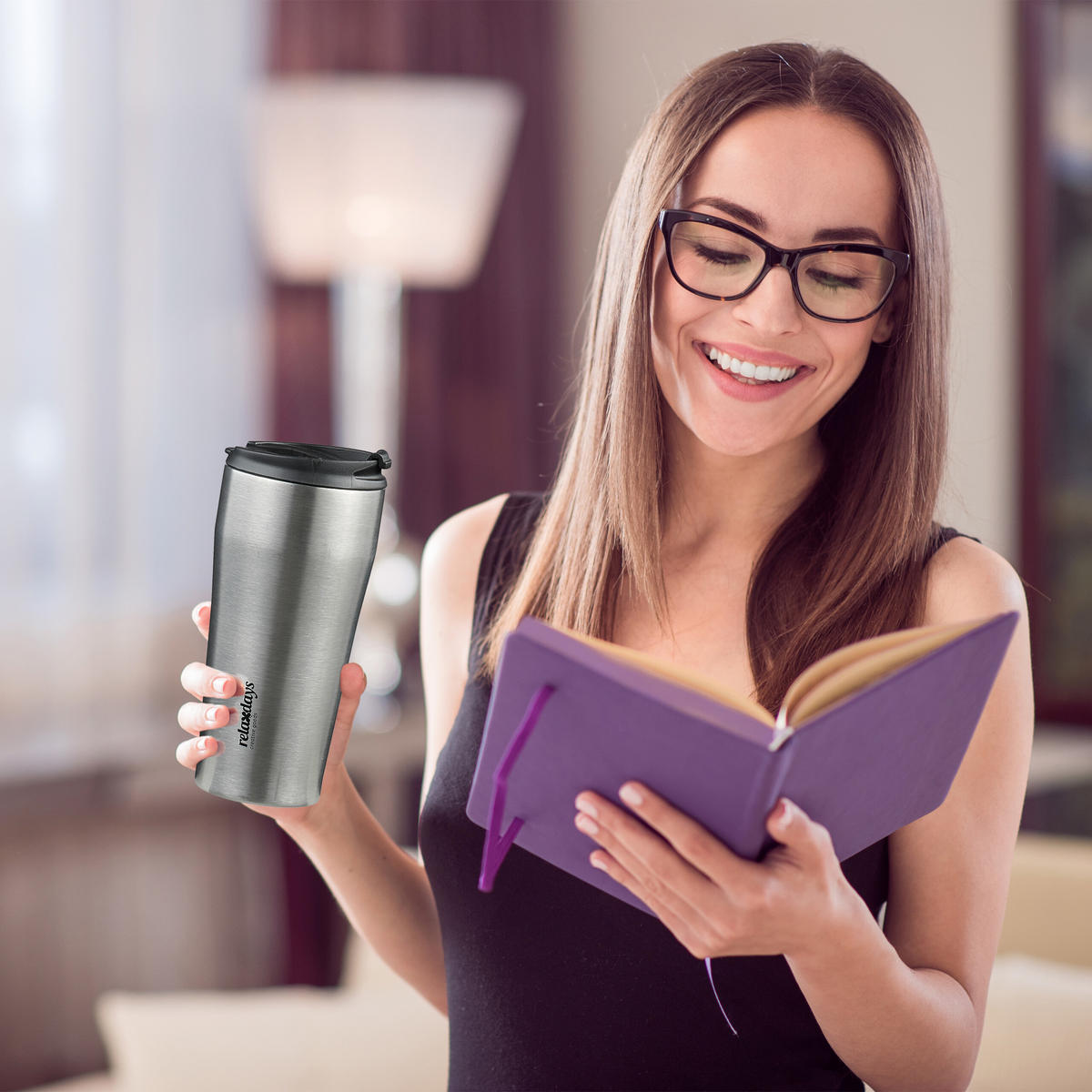 THERMOBECHER - Silberfarben, Kunststoff/Metall (0.4L) - Relaxdays