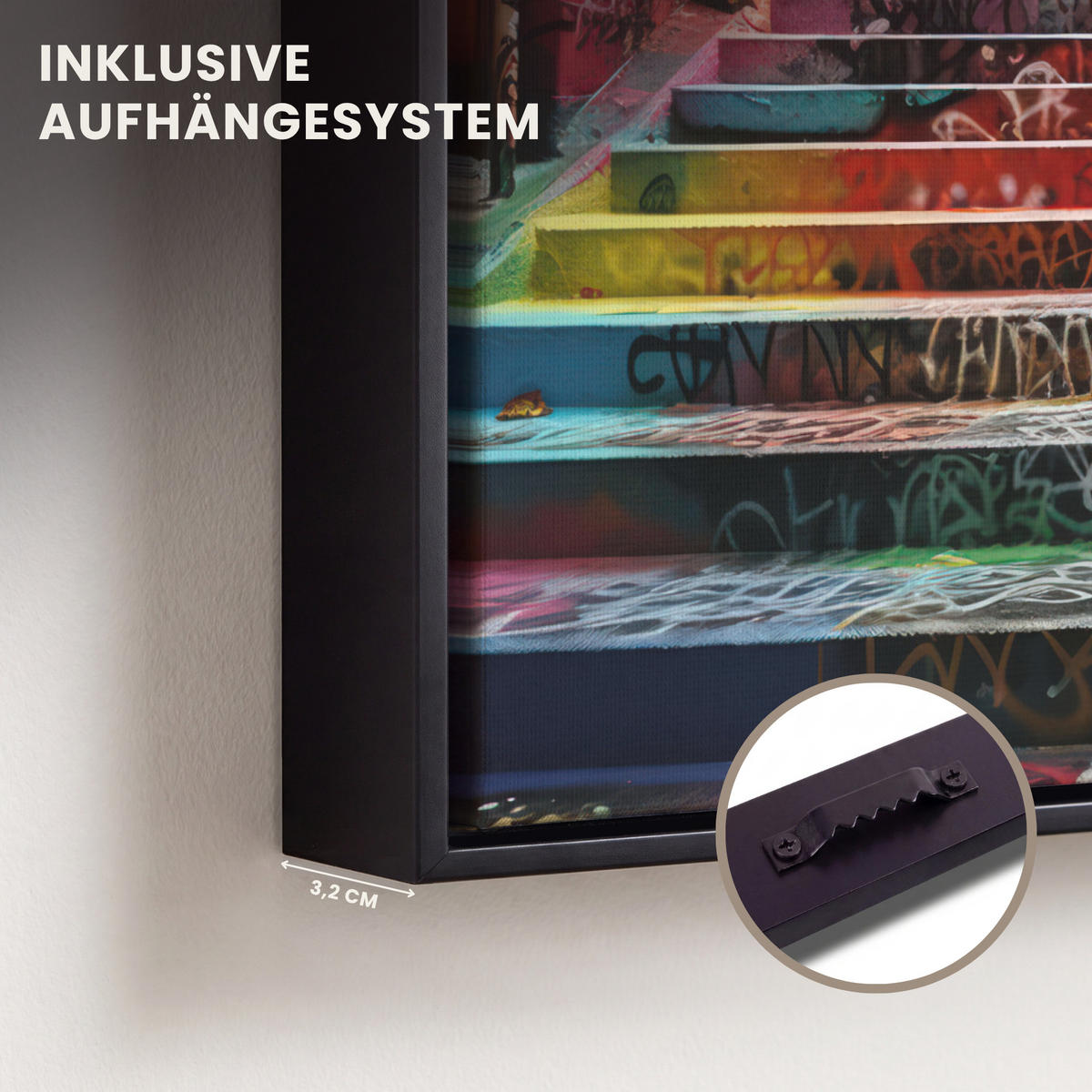 LEINWAND Bilder mit Rahmen - Treppe - Graffiti - Farben - Kunst - 20x20 - Multicolor, Textil (20/20cm) - MuchoWow