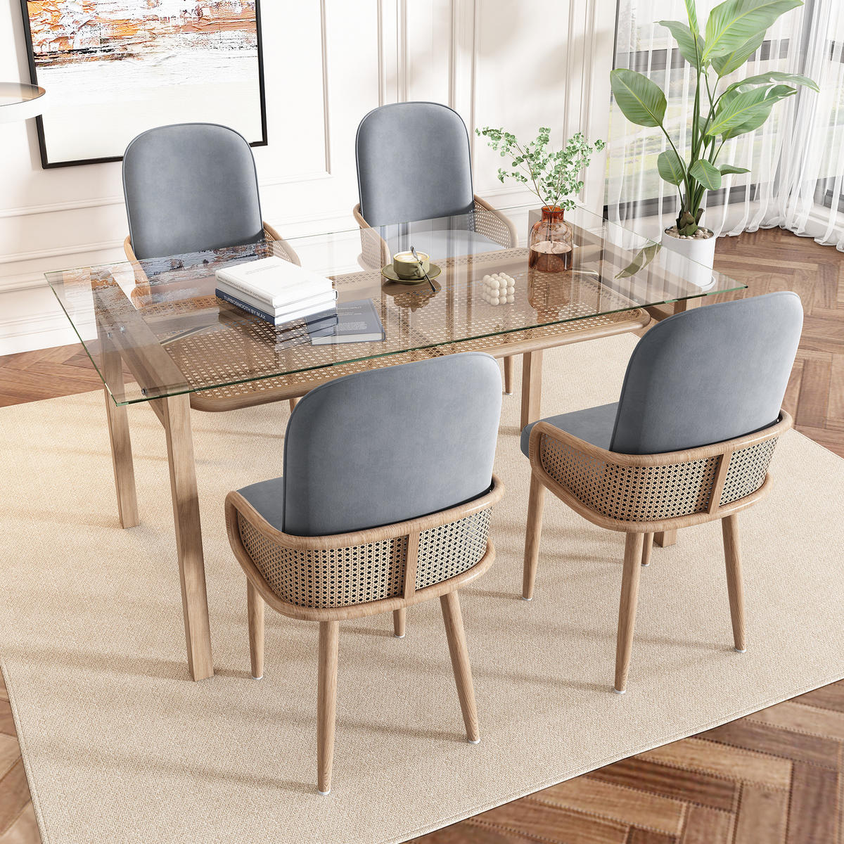 ESSZIMMERSTUHL 2er-Set Samt mit Rattan-Design Grau - Grau, Holz (43/90/41.1cm) - Meubliv