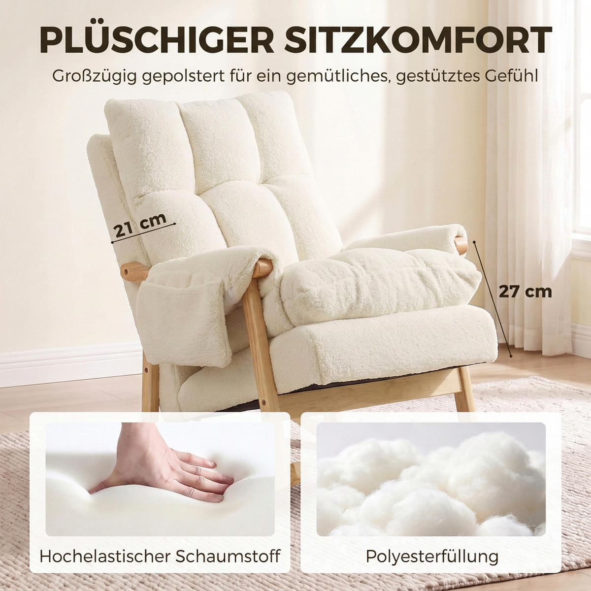 SCHAUKELSTUHL Polyester Creme - Creme/Naturfarben, Holz/Textil (77/93/104cm) - HOMCOM