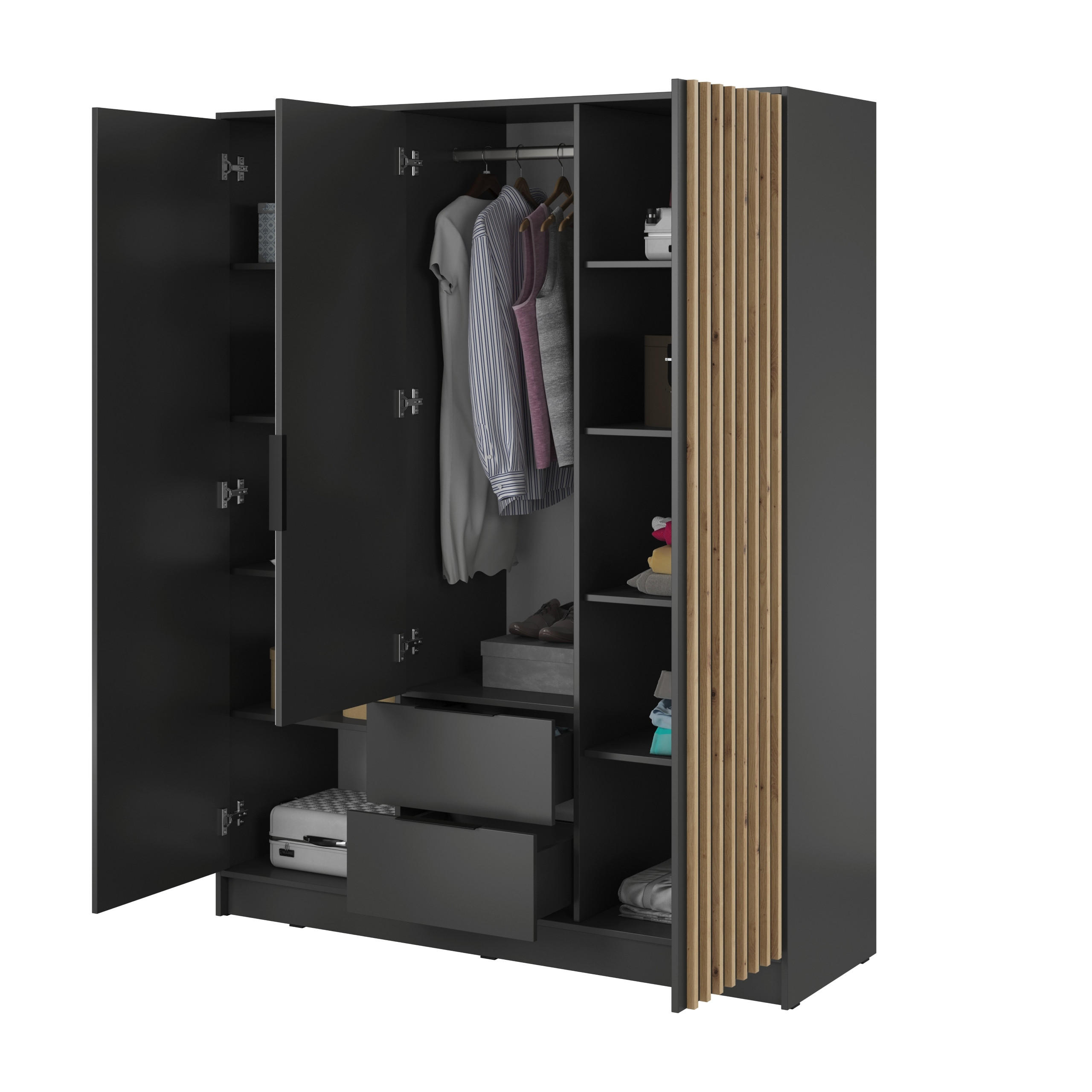 DREHTÜRENSCHRANK NELIANA 155/200/51 cm 3-türig mit Spiegel Graphitfarben - Graphitfarben, Holzwerkstoff (155/200/51cm) - MASSENO