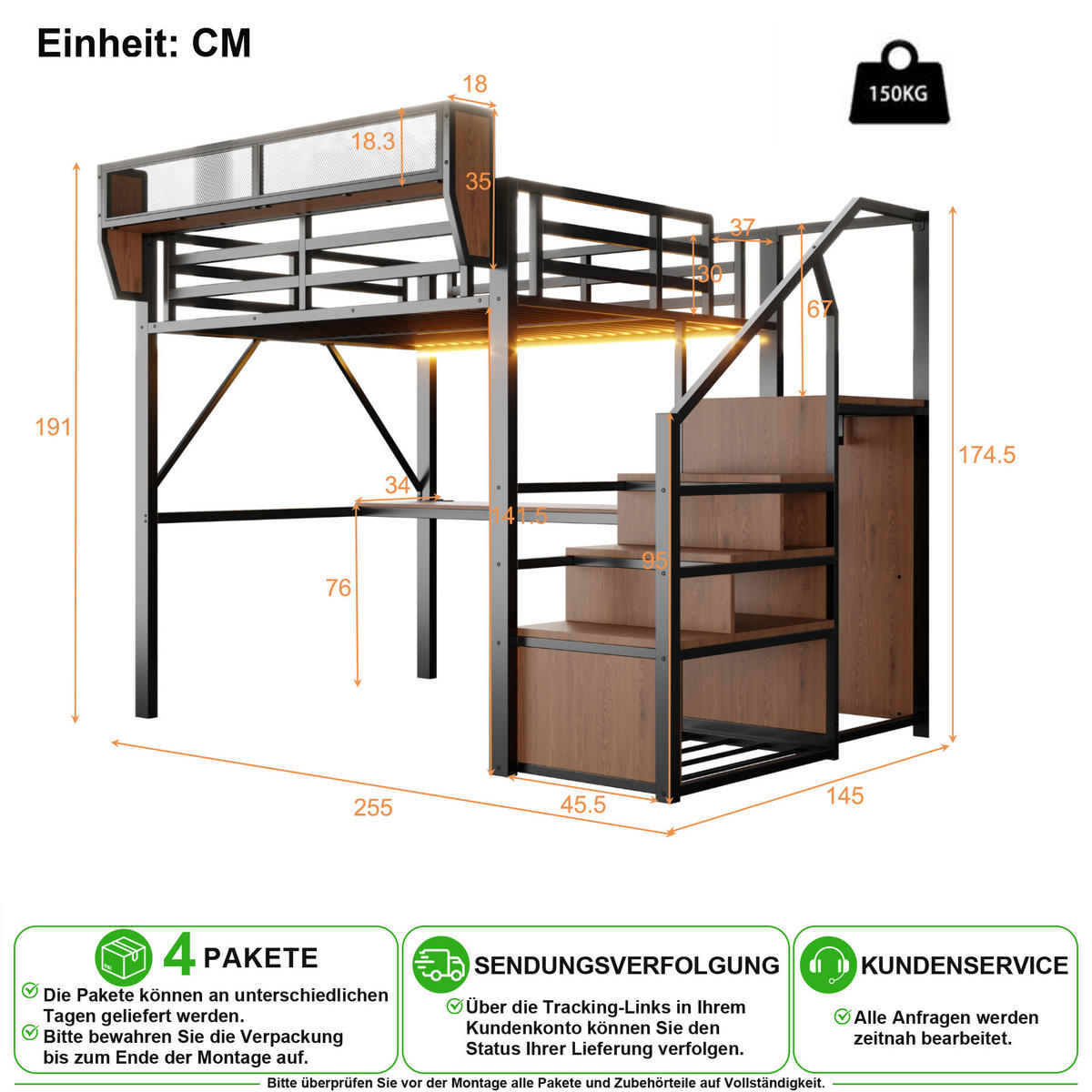 HOCHBETT 140/200 cm in Schwarz mit LED, Schreibtisch, Sicherheitsleiter und Regal aus Metall - Schwarz, Holzwerkstoff/Metall (140/200cm) - CHICFURN
