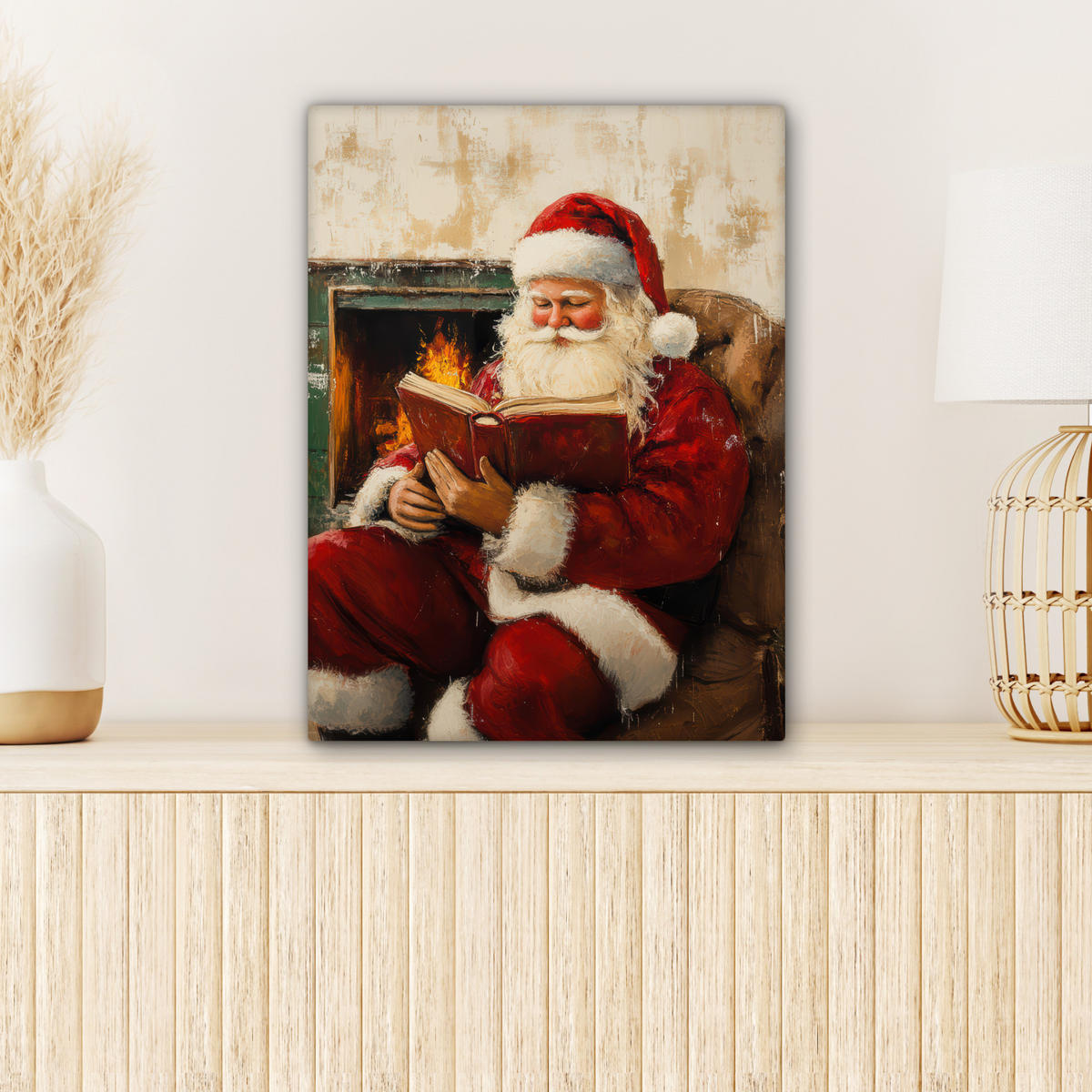 LEINWANDBILD Weihnachten - Weihnachtsmann - Winter - Open Fireside 30x40 cm - Dunkelrot, Textil (30/40cm) - MuchoWow