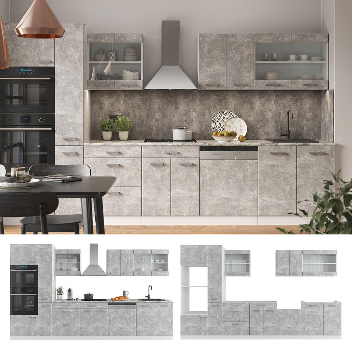 KÜCHENZEILE R-Line Beton/Weiß 350 cm mit Hochschrank, ohne AP - Schieferfarben/Weiß, Holzwerkstoff (350/81.6/46cm) - Vicco