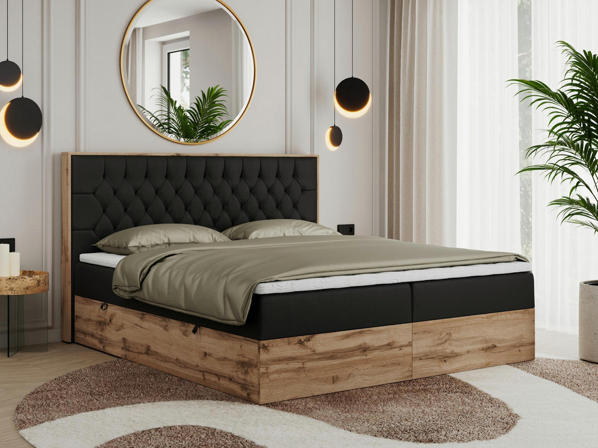 BOXBETT AMORE 160/200 Schwarz Velvet - H3 - Schwarz, Holz/Textil (160/200cm) - MKS