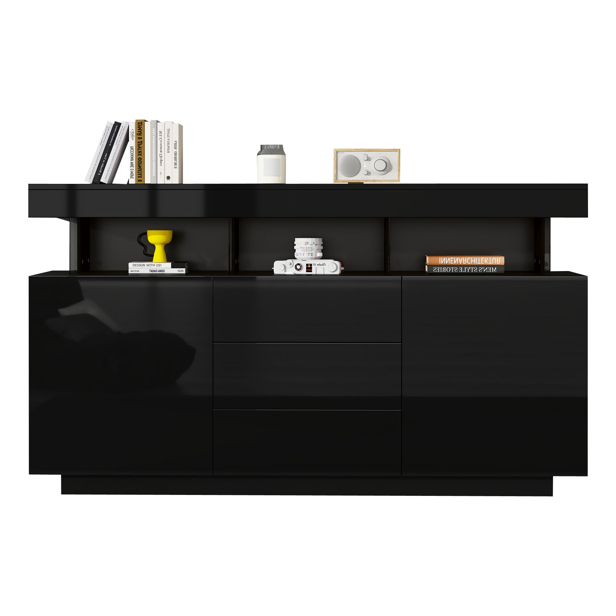 SIDEBOARD in Schwarz mit LED-Lichtstreifen für Wohnzimmer, Küche und Flur, B140/T35/H80 cm - Schwarz, Holzwerkstoff/Kunststoff (140/80/35cm) - STILVORA