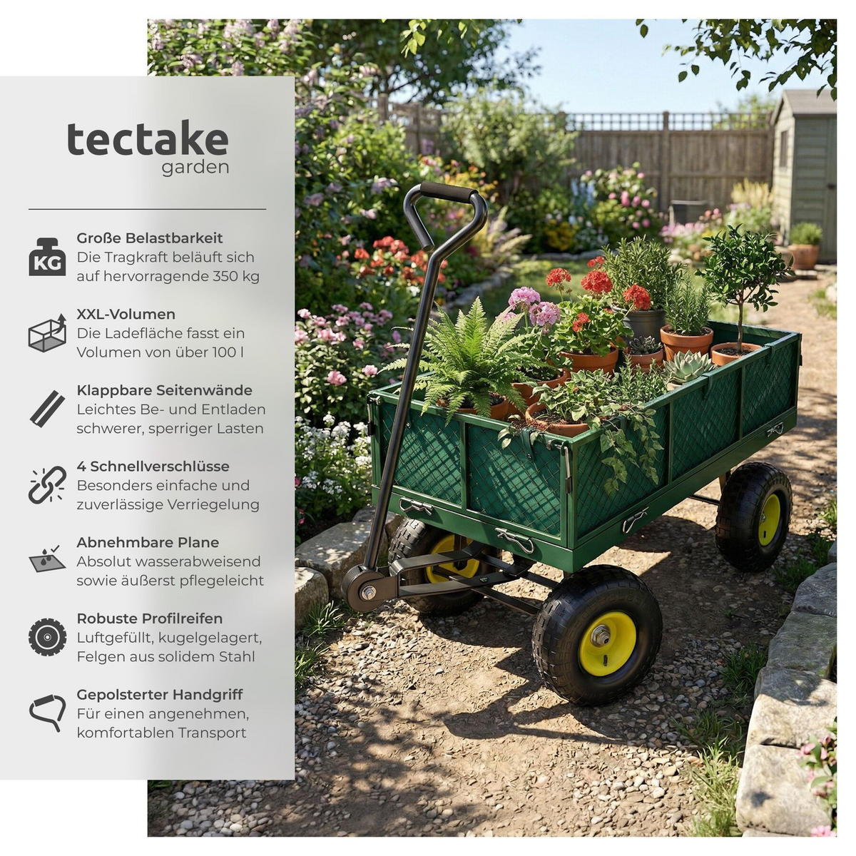 BOLLERWAGEN , Belastbarkeit 350 kg, grün - Grün, Metall (51/56/113cm) - tectake