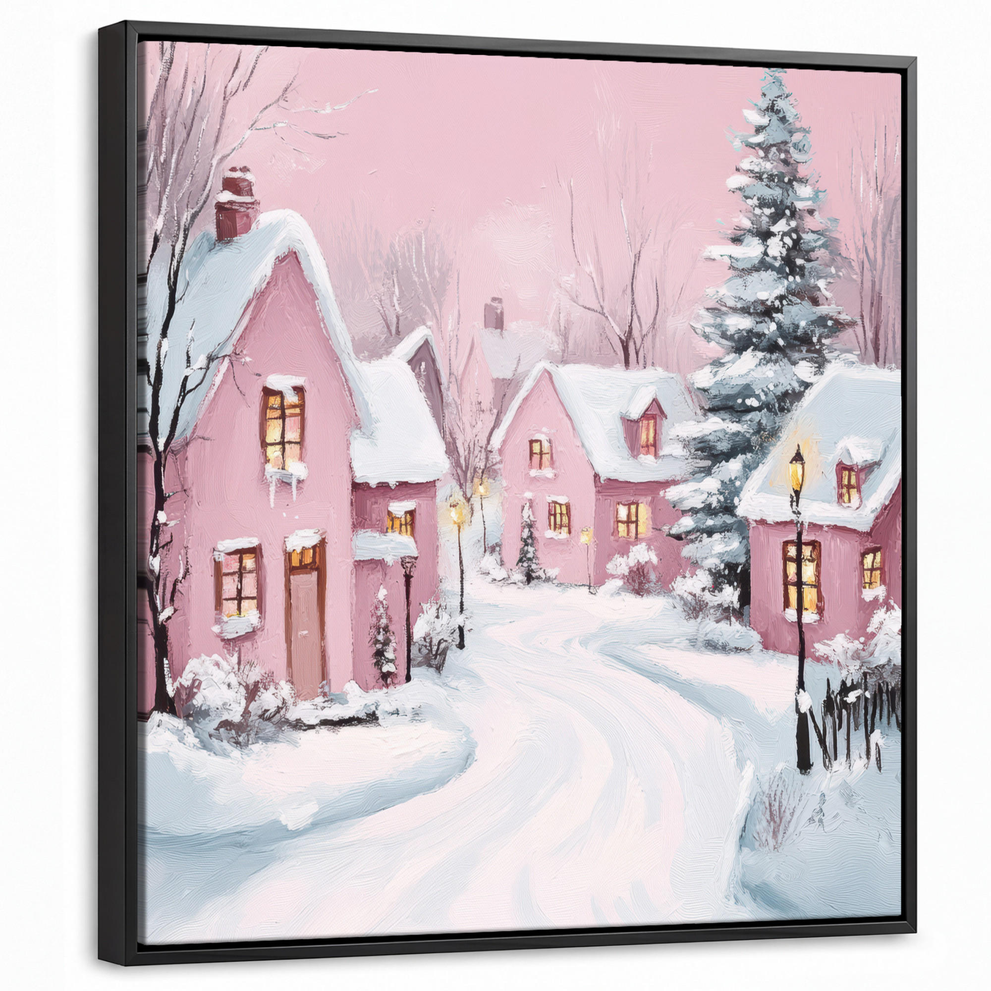 LEINWAND Bilder mit Rahmen - Weihnachtsdorf - Rosa - Winter - Schnee - Häuser - 50x50 - Altrosa, Textil (50/50cm) - MuchoWow