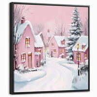 LEINWAND Bilder mit Rahmen - Weihnachtsdorf - Rosa - Winter - Schnee - Häuser - 50x50 - Altrosa, Textil (50/50cm) - MuchoWow