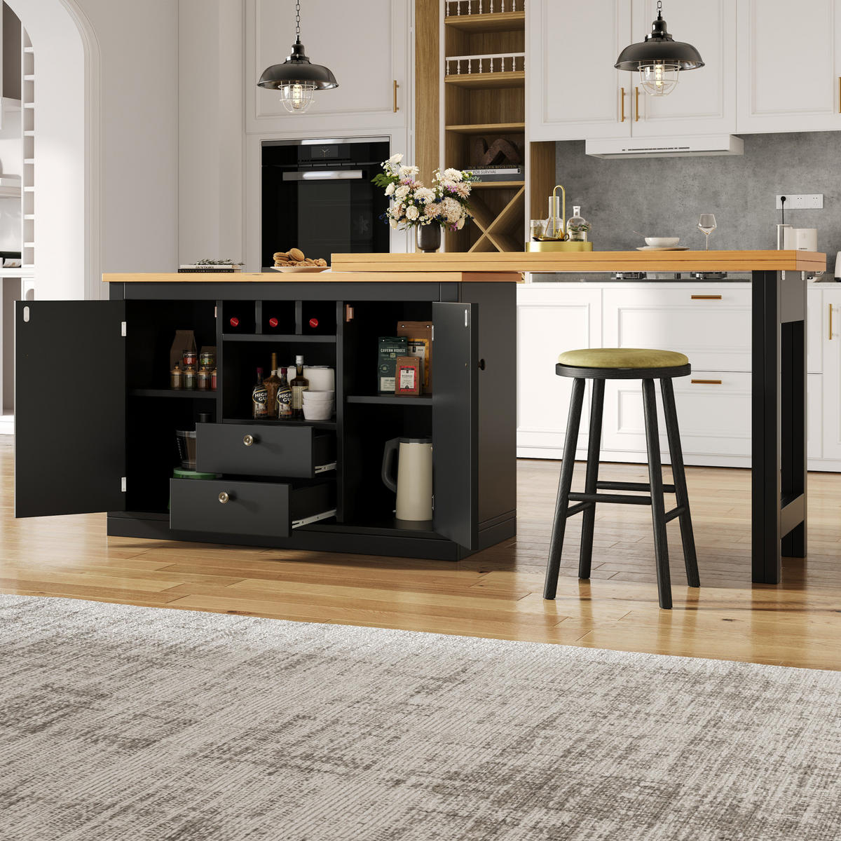BARTISCH ausziehbar 120-180 cm mit Stauraum MDF Schwarz/Natur - Schwarz, Holzwerkstoff (40/76/180cm) - Meubliv