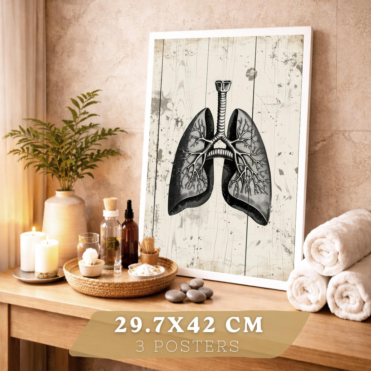 POSTER Set aus 3 Anatomie Mensch Drucke und mit Gehirn Herz Lungen Luftröhre Bronchien Industrielles Schwarz Weiß Design Größe Weißer Rahmen A3 - Weiß, Papier (29.7/42/3cm) - Nacnic
