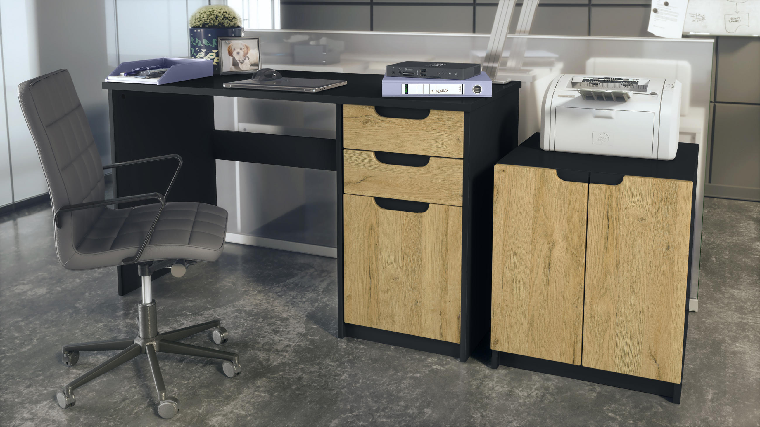 BÜROMÖBELSET Paris Eiche Natur - Eichefarben, Holzwerkstoff (60/180/76cm) - Vladon