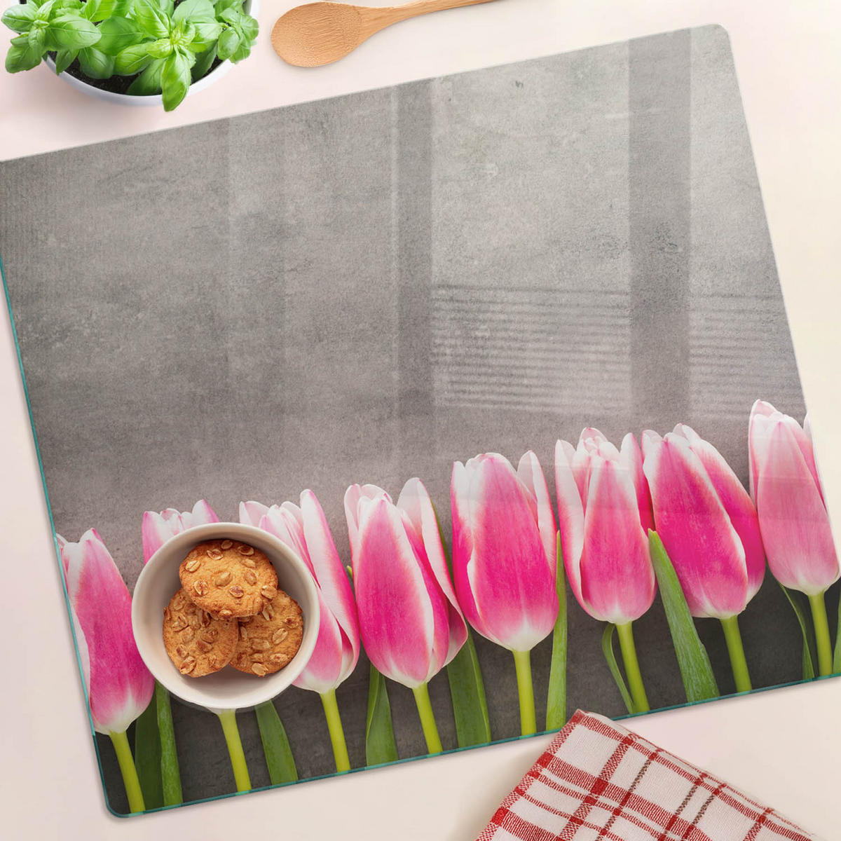 GLASPLATTE 60x52 cm Rosa Tulpen - Pink, Glas (60/0.4/52cm) - TULUP