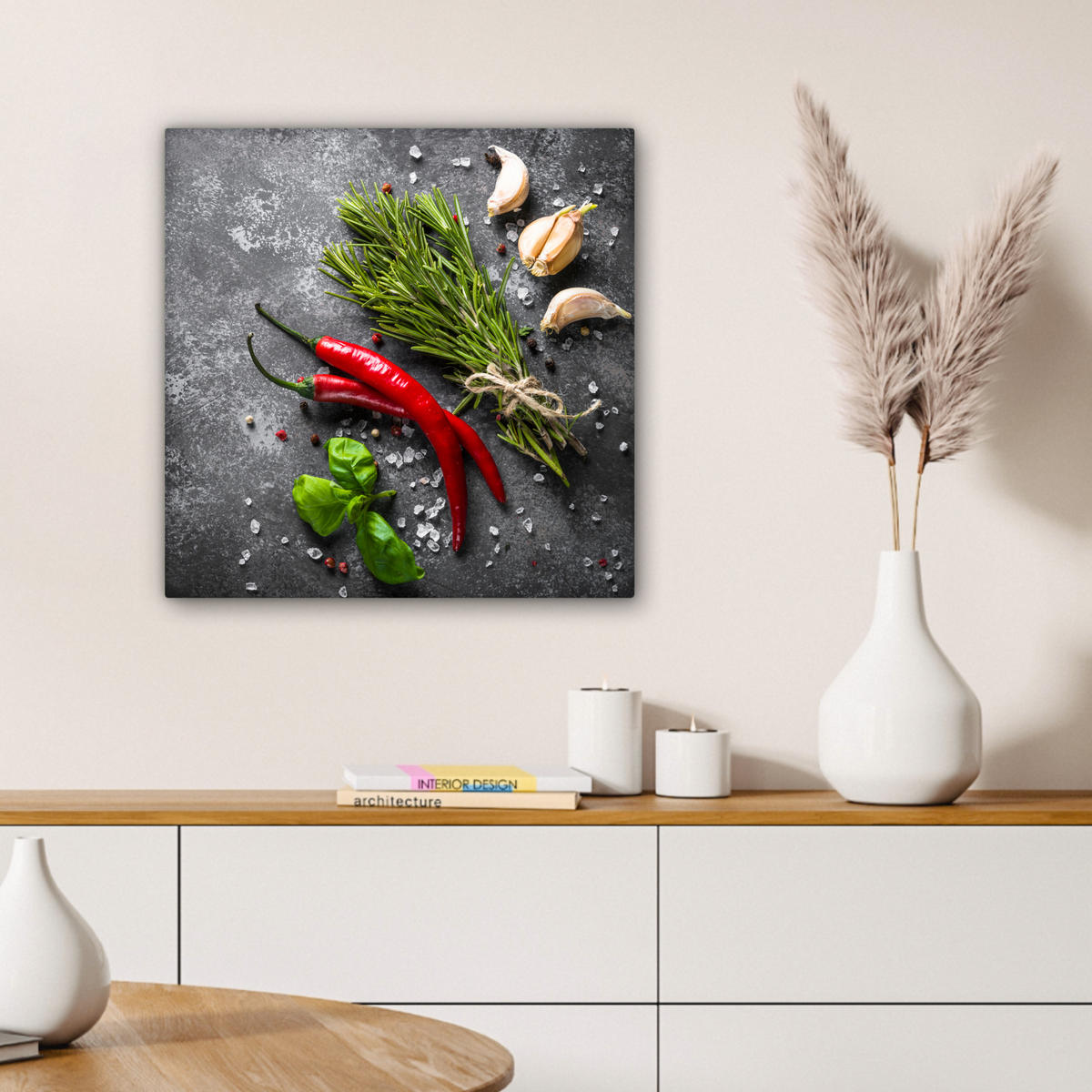 LEINWANDBILD Pfeffer - Kräuter - Gewürze - Beton 50x50 cm - Dunkelgrau, Textil (50/50cm) - MuchoWow
