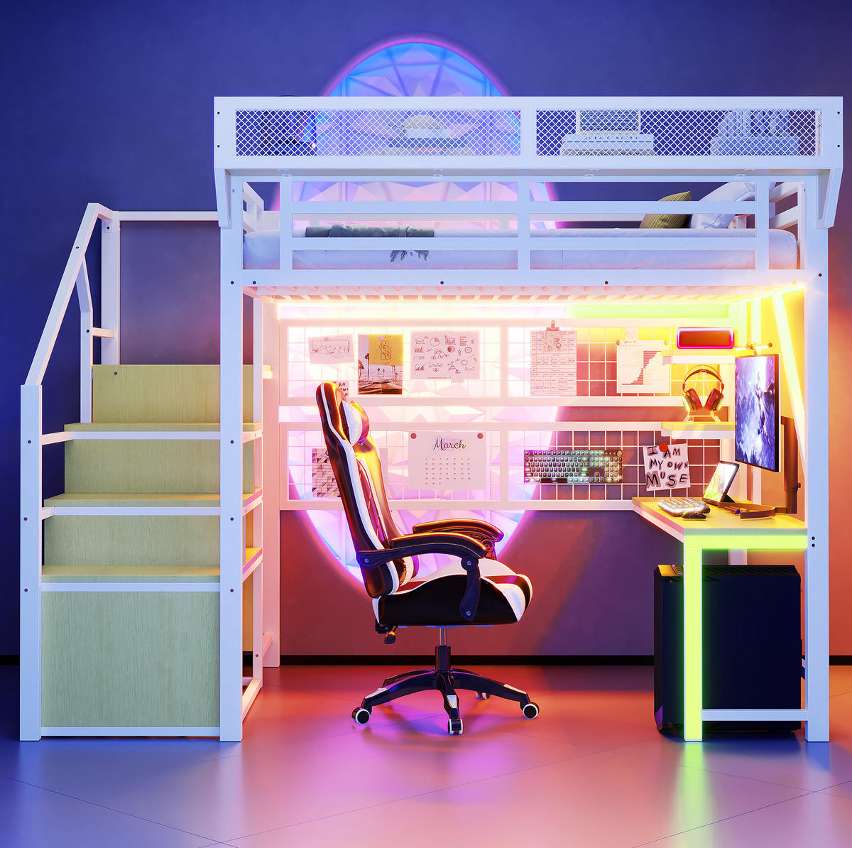 HOCHBETT 140/200 cm Weiß aus Metall mit Schreibtisch und LED - Weiß, Metall (140/200cm) - MIVRAY