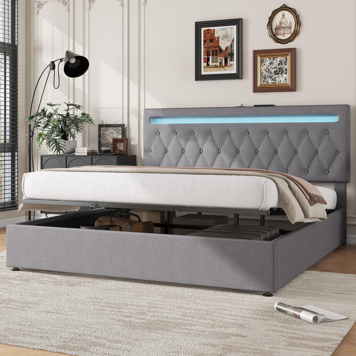 POLSTERBETT 180/200 cm grau mit hydraulischem Bettkasten und USB-Anschluss - Grau, Textil (180/200cm) - OKWISH