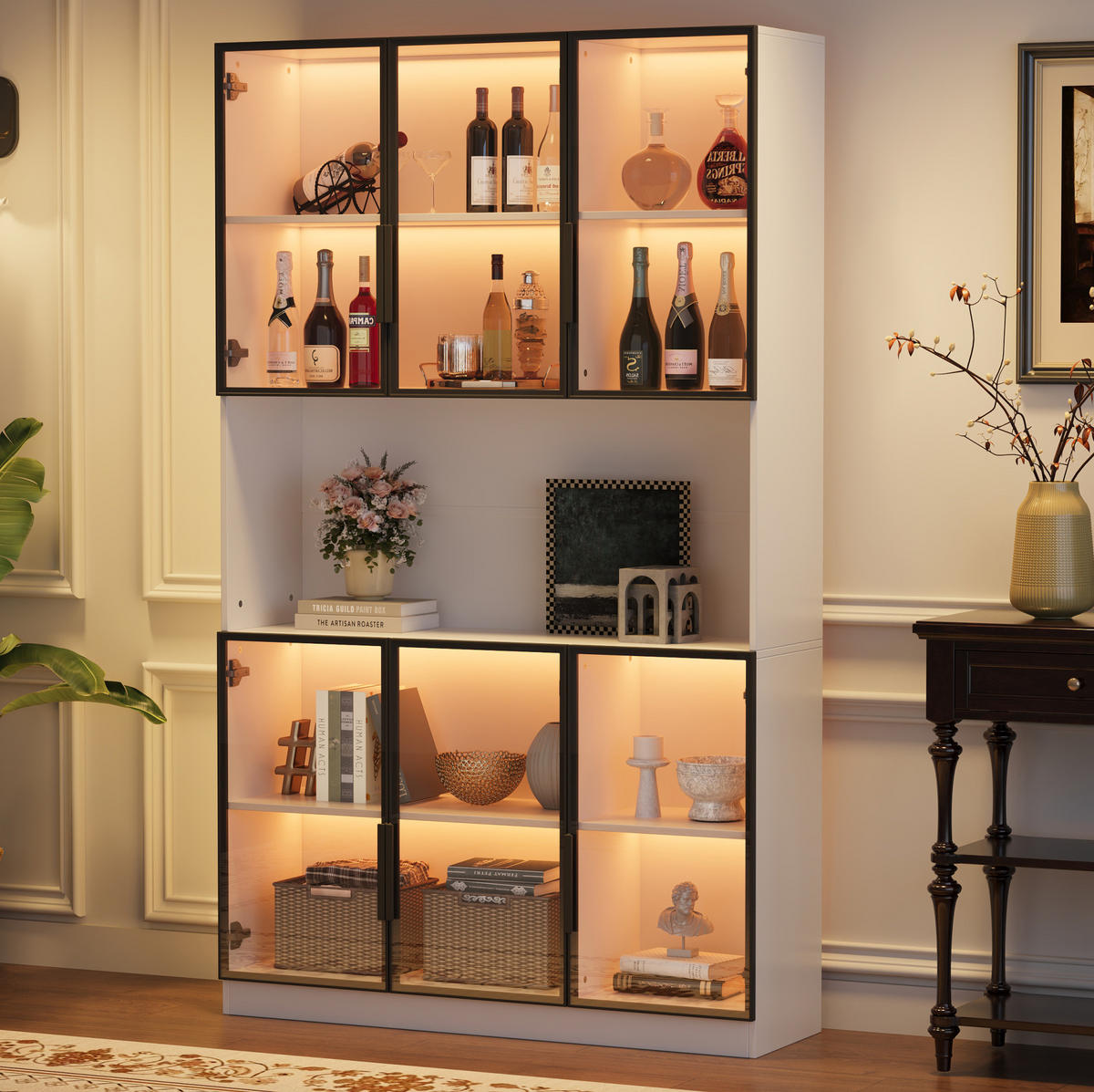 VITRINE aus MDF und Glas 120x34x200 cm Weiß mit LED-Beleuchtung und 6 Türen - Weiß, Holzwerkstoff (120/200/34cm) - IVMEU