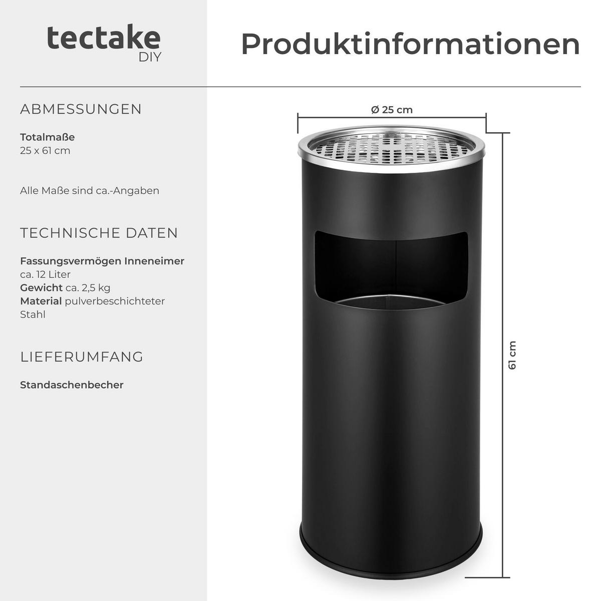 STANDASCHENBECHER , 25 x 61 cm, schwarz - Schwarz, Metall (25cm) - tectake