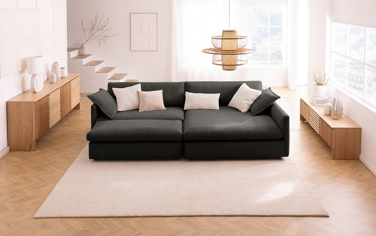 ECKSOFA mit Longchair - Anthrazit/Schwarz, Kunststoff/Textil (290/183cm) - home24