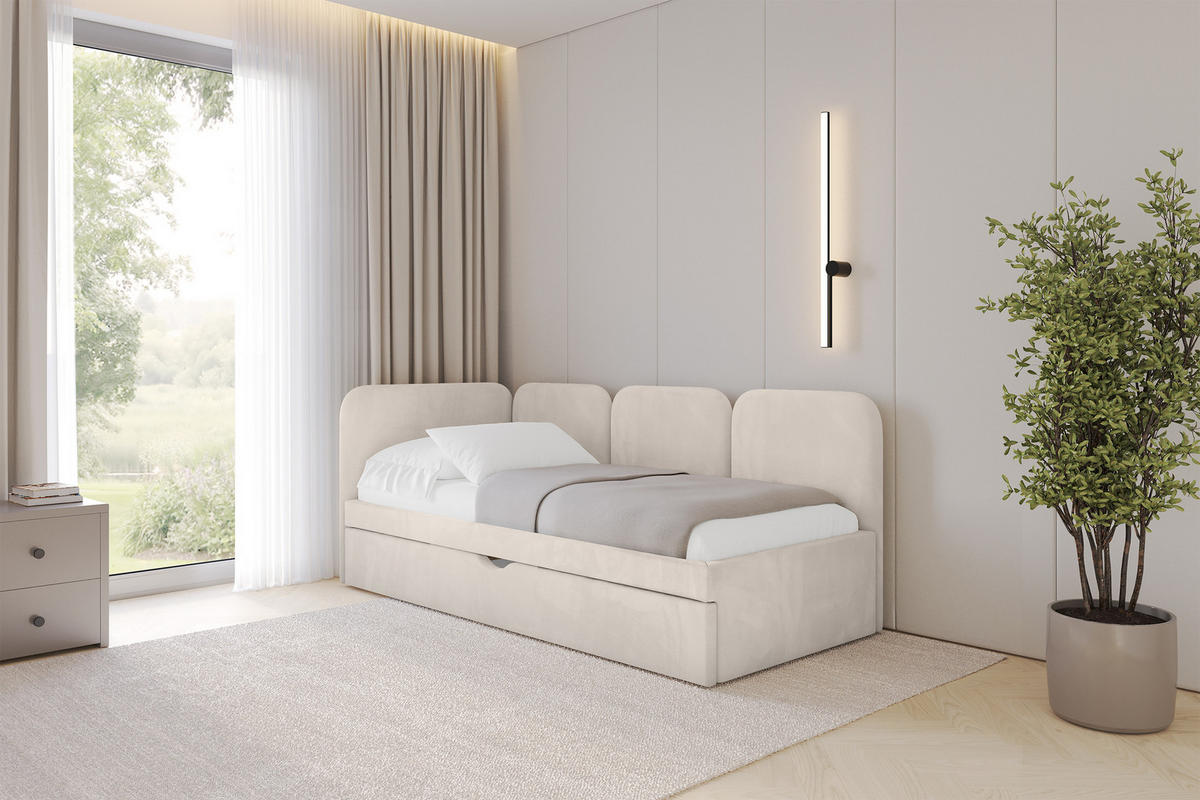 EINZELLBETT Jugendbett mit Bettkasten und Matratze H3/H4, Rechts - ALVY 90x200 Beige - Sandfarben, Holzwerkstoff/Textil (90/200cm) - ALTDECOR