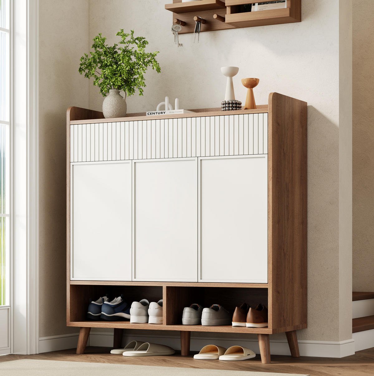 SCHUHSCHRANK 90/35/100 cm mit 3 Türen, 2 Schubladen und Holzbeinen - Weiß, Holzwerkstoff (90/100/35cm) - BEAOK