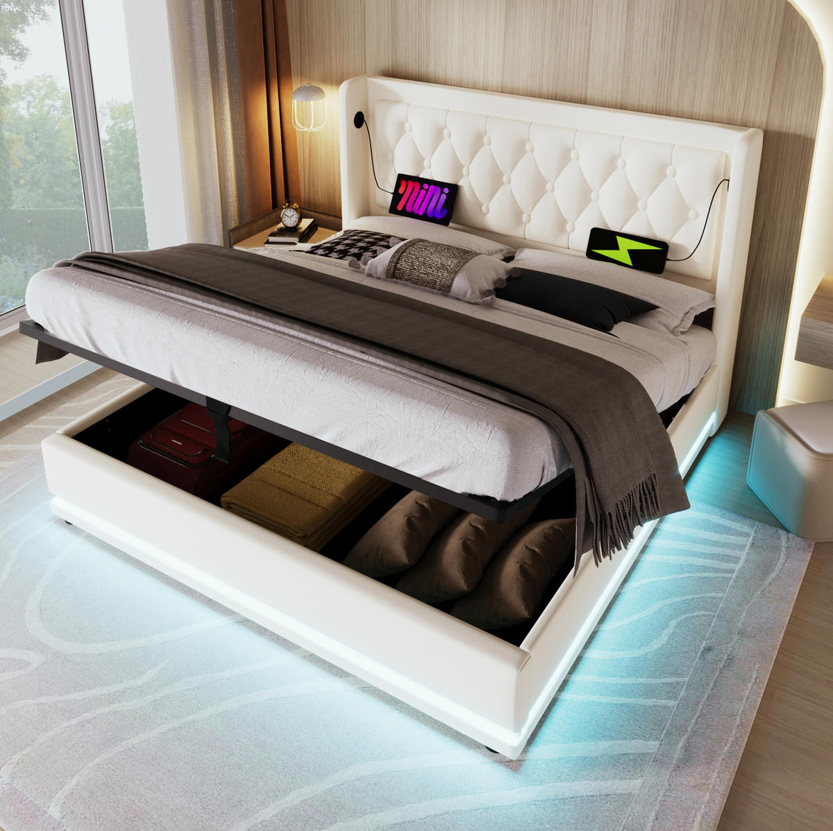 BETT mit Stauraum, LED und USB Typ-C 160x200 cm PU Weiß - Weiß, Metall (160/200cm) - Meubliv