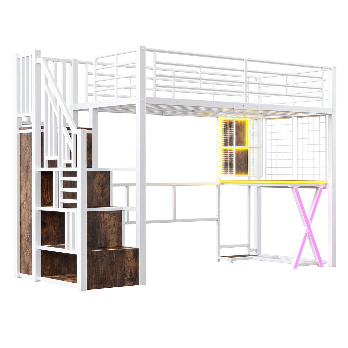 HOCHBETT 90/200 cm DE-04920, mit LED, Schreibtisch und Ablageleiter in Weiß - Weiß, Metall (90/200cm) - ComfortXL