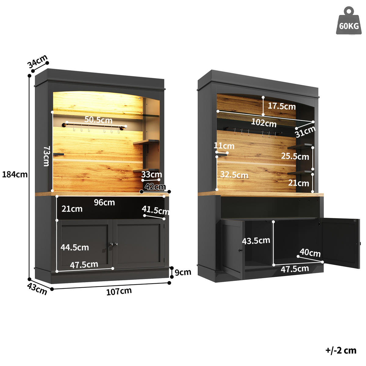 KÜCHENSCHRANK 107x43x184 cm, LED-Beleuchtung, 2 Türen, offene Regalfächer, Schwarz - Schwarz, Holzwerkstoff (107/184/43cm) - FOHERE