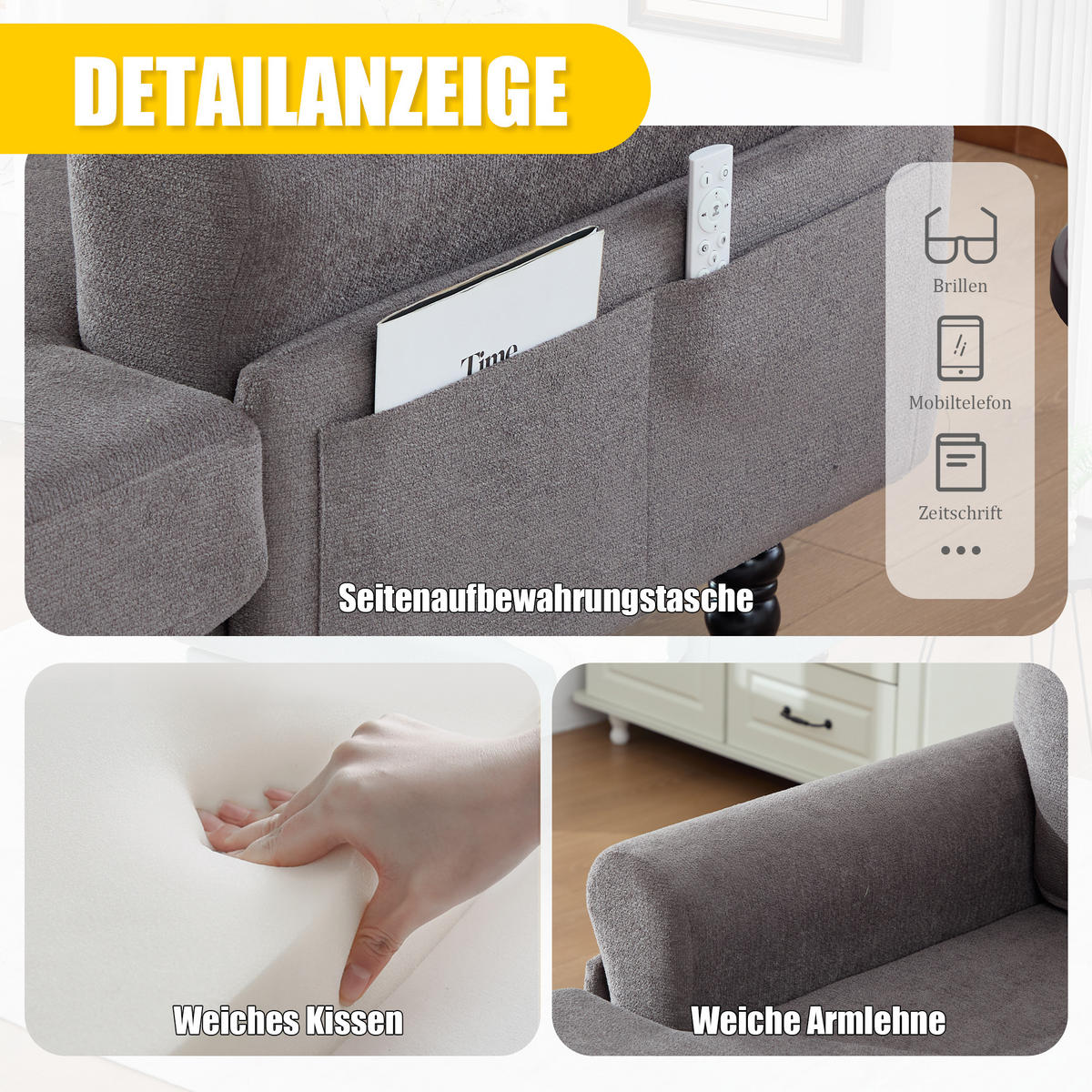 RELAXSESSEL Chenille mit Stauraum loungesesselfür Wohnzimmer Schlafzimmer Grau - Grau, Textil (97/86/125cm) - PARAFTA HOME