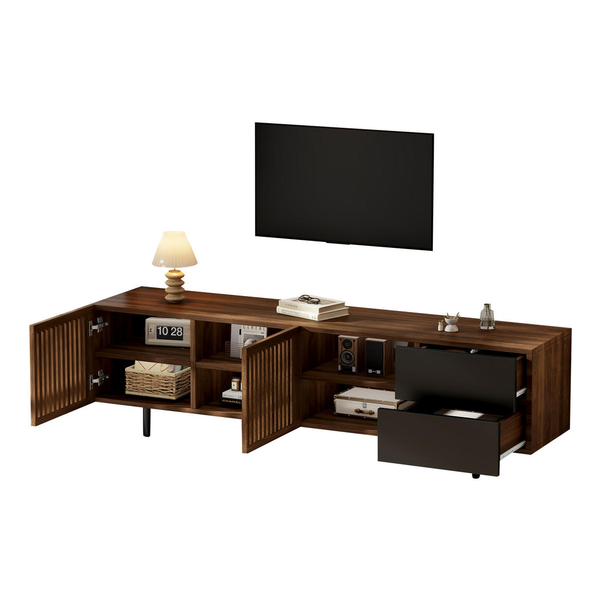 TV-LOWBOARD 160cm Walnuss Schwarz mit Lamellentüren - Walnussfarben/Schwarz, Holzwerkstoff (160/50/38cm) - FLIEKS