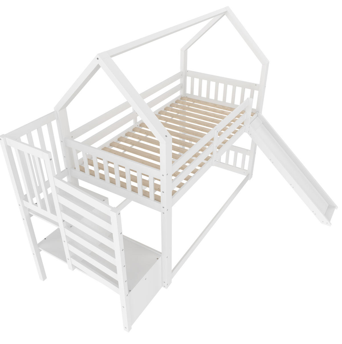 ETAGENBETT Hausbett mit Rutsche und Stauraumtreppe, 90/200 cm, Weiß, ohne Matratze - Weiß, Holz (90/200cm) - MIVRAY