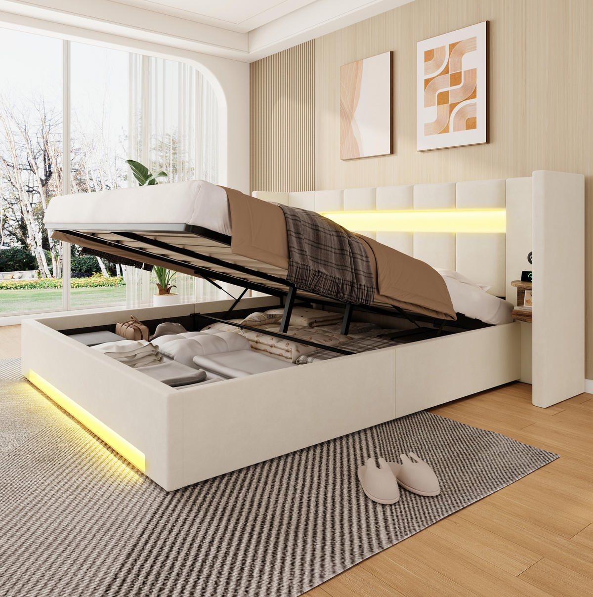 BETT mit Stauraum und USB 160x200 cm Samt Beige - Beige, Metall (160/200cm) - Meubliv
