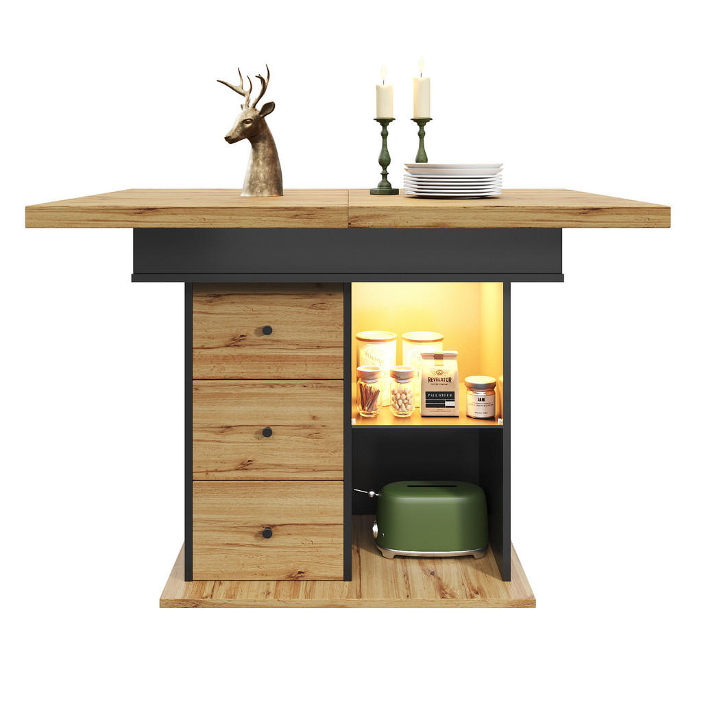 Modfu JÍDELNÍ stůl 140x80x75 cm černá/přírodní z MDF s LED osvětlením a úložným prostorem
