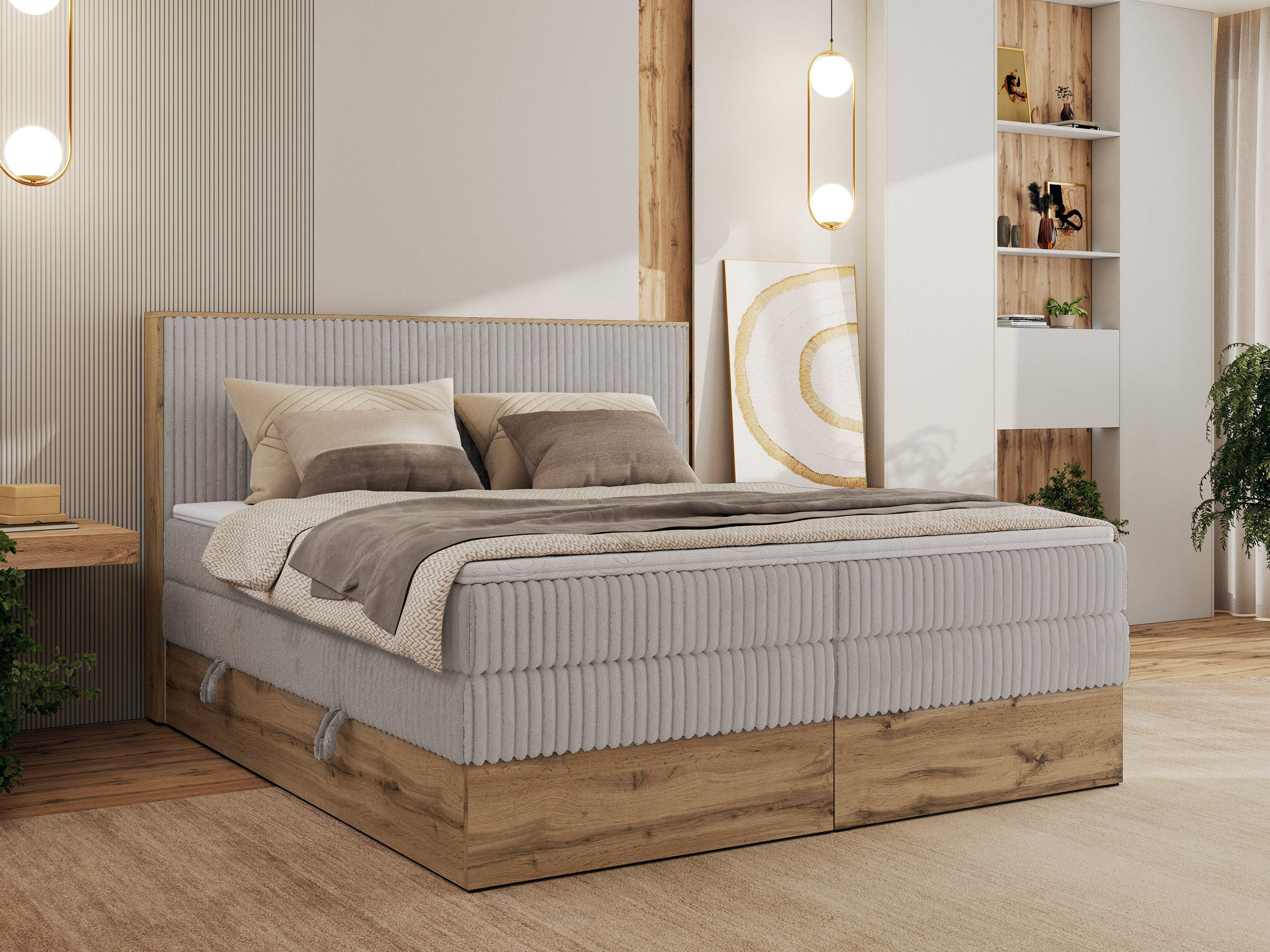 BOXBETT WOOD CLASSIC KING 160/200 - Hellgrau Cord - H3 - Hellgrau, Textil (160/200cm) - MKS