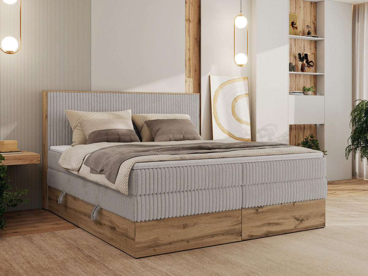 BOXBETT WOOD CLASSIC KING 160/200 - Hellgrau Cord - H3 - Hellgrau, Textil (160/200cm) - MKS