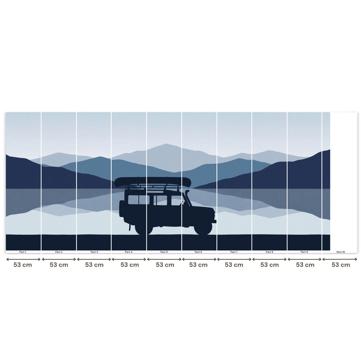 KINDERTAPETE - Auto - See - Berge - Blau - 450x200 cm - Blaugrau, Papier (450/200cm) - OnlyWow